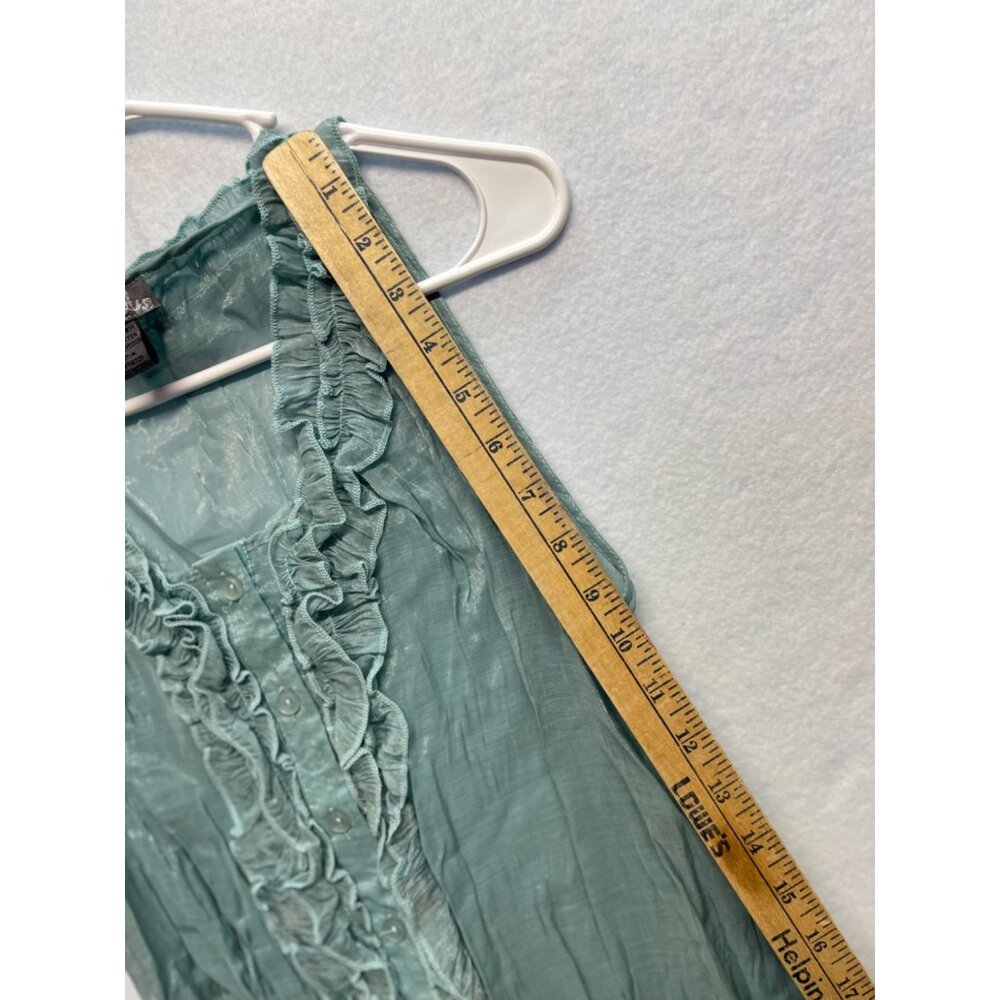 Poetry Clothing Blouse Aqua Blue Ruffle Front Sleeveless Size Medium - Picture 7 of 9